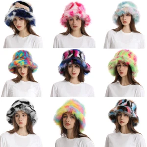 1X Faux Fur Tie-dye Bucket Fisherman Hat Cap Soft Print Hats Personalized Winter - Picture 1 of 21