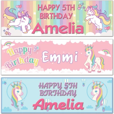 2 personalised birthday banner unicorns star rainbow children kid party poster