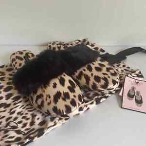 Victorias Secret Medium 7/8 Slippers Animal Print Black Tan Faux Fur Trim NEW