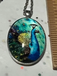 Colorful Peacock Silver Plated Pendant w 22" chain * 1.8x1.3 - Picture 1 of 8