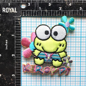 VINTAGE HELLO KITTY KEROPPI CUTE FROG OPEN EYES 3" SATEEN IRON ON PATCH - Picture 1 of 2