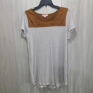 MINIMI Striped Knit Popover Top Size M Brown Placket Short Sleeve Soft Draped - Picture 1 of 7