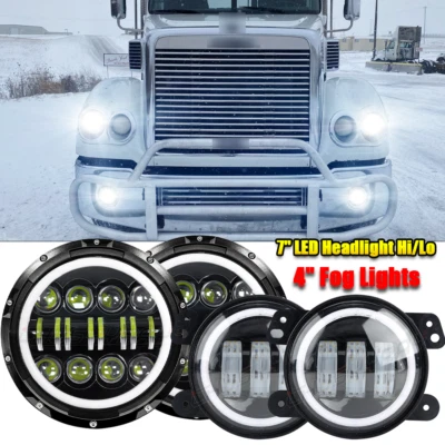 fit Freightliner Coronado 7inch Round LED Headlights + 4inch LED Fog Light Combo - Изображение 1 из 4