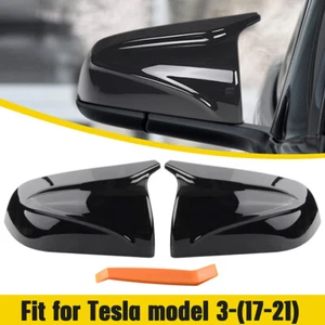 FIT FOR 2017-2021 TESLA MODEL 3 M HORN STYLE GLOSS BLACK SIDE MIRROR COVERS CAP - Picture 1 of 8