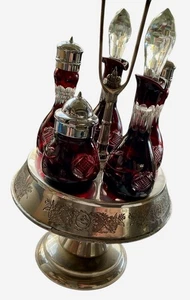 MERMOD JACCARD CRANBERRY RED CRUET SET CUT GLAS KRISTALL AUF SILBERPLATTE VICTORI - Bild 1 von 5