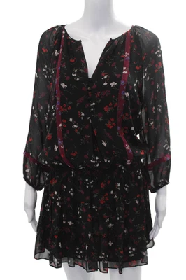 Mini Vestido Blusa Joie Mujer Negro Seda Floral Manga Larga Cuello Talla S Foto 1 de 4
