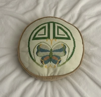 Vinatge Handmade Embroidery Round Pillow Grannycore Butterfly Irish Celtic  10” - Image 1 of 3
