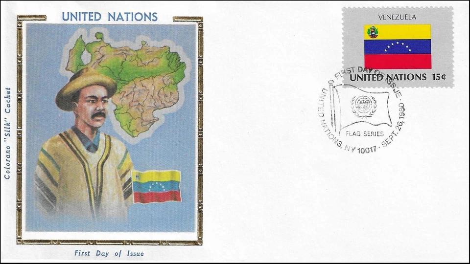 Venezuela National Costume Dress Flag Map UN Gold Folio Silk FDC Cachet 1980 - Image 1 of 1