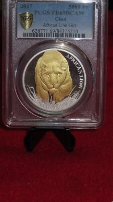 Chad African Lion 2017 1 oz plata .999 ⭐ raro chapado en oro dorado ⭐ graduación profesional PR69 5000 Foto 1 de 3