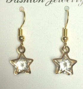 Gold Coloured Star Shaped Faceted Glass Insert Bead Dangle / Drop Hook Earrings. - Picture 1 of 3