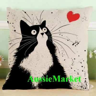 1 x cushion cover pillow case pussy cat love heart cotton home decor square new - Image 1 of 2