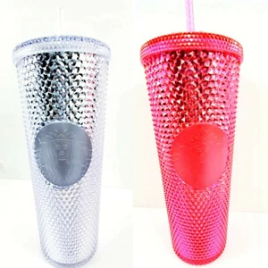 Starbucks Tumbler Cold Cup 24 oz Nieten Neon Pink Platin Silber Neu mit Etikett - Bild 1 von 5