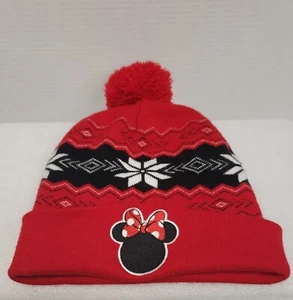 Disney MINNIE MOUSE Winter Beanie Hat Cuffed Black Red w Pom OSFM - Picture 1 of 4