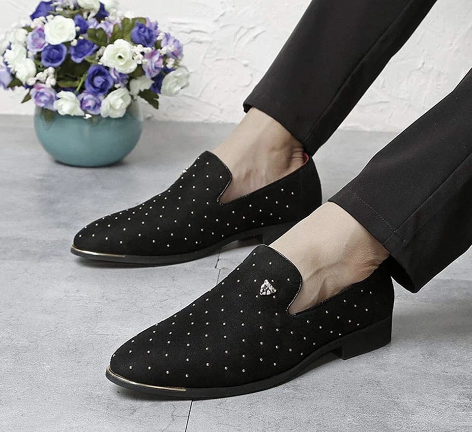 Mocassins masculinos de veludo preto festa banquete tachas de ouro sapatos sociais sólidos Business-38 - Imagem 1 de 4