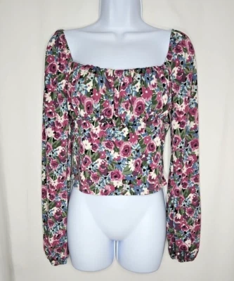 Пышный женщин розовый и синий цветочный длинным рукавом укороченный блузка размер большой - новый без ЯРЛЫКОВ - Изображение 1 из 4