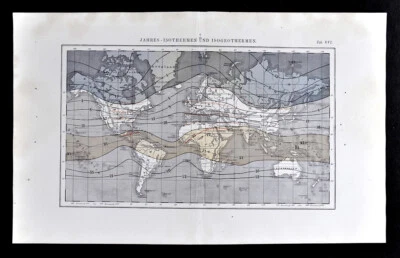 Mapa Mundial Muller 1872 Isotermas Anuales y Líneas Geotérmicas Temperatura Climática Foto 1 de 2