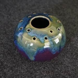 J & S Beaumont Pottery Vase Blue Green Purple Abstract Small Flower Frog NC - Picture 1 of 15