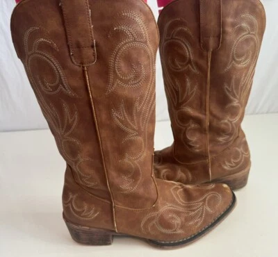 Botas vaqueras Roper Western para mujer talla 8 marrón pull on 12” de alto bordadas Foto 1 de 4