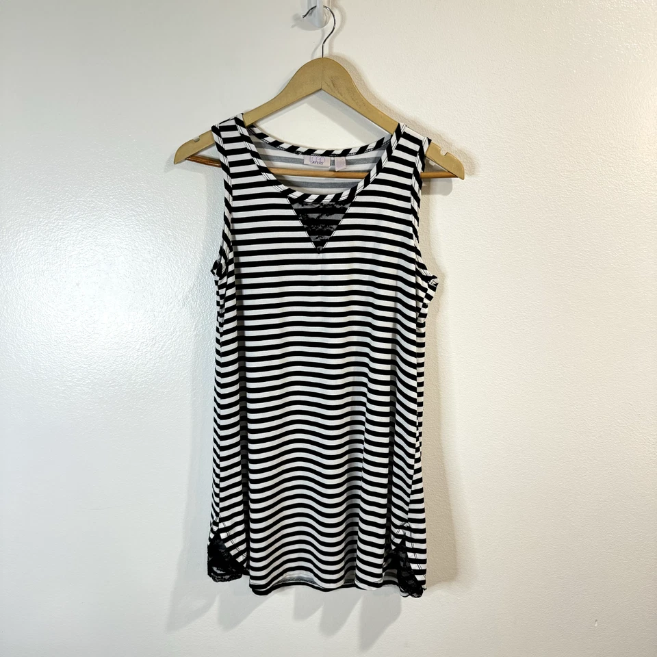 Camiseta sin mangas túnica LOGO Lori Goldstein M negra blanca a rayas jersey encaje elástico Foto 1 de 4