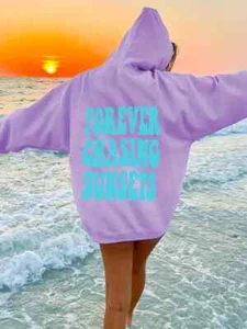 Chasing Sunsets Print Hoodie, Long Sleeve Loose Drawstring Sweatshirt Size Small - Picture 1 of 5