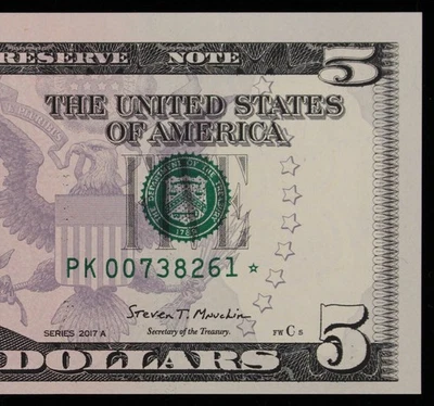 $5 2017A CU Star Federal Reserve Note PK00738261* Dallas, five dollar Single Run - Image 1 of 3