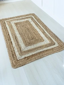 Small Jute Rug With Cream Border Pattern Braided Natural Mat 60 x 90 Faulty - Picture 1 of 4