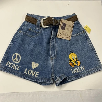 New With Tags Size 11 Vintage Looney Tunes Tweety Bird Denim Shorts With Belt - Изображение 1 из 4