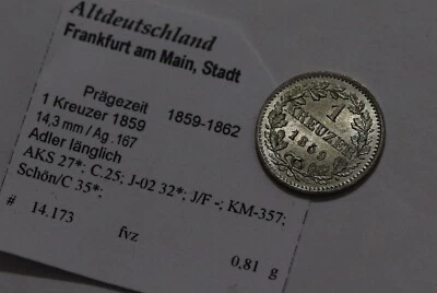 🧭 🇩🇪 GERMANY FRANKFURT 1 KREUZER 1859 SILVER HIGH GRADE B79 #5926 - Image 1 of 2