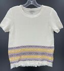 Madewell Womens Xs Sweater Ivory Fringed Aztec Trimmed Short Sleeve Crew Neck