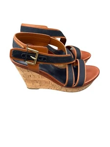 Sandalia de cuña Tommy Hilfiger talla 10M plataforma tacón de corcho cuero azul borde marrón - Imagen 1 de 10