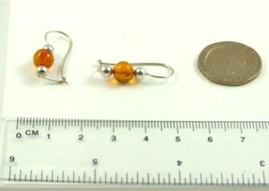 Solid 925 Sterling Silver Cognac Colour Baltic Amber Bead Drop Earrings - Picture 1 of 2