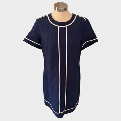 Banana Republic Womens Size 12 Navy Blue Dress White Stripe Linen Blend - Image 1 of 4
