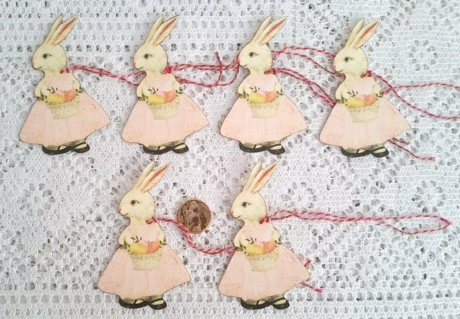 6~Easter~Primitive~Bunny~Fussy Cut~Linen Cardstock~Gift~Hang~Tags~Ornies - Image 1 of 1