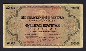 F.C. 500 PESETAS 1938 , SERIE A , MBC+ , DOBLEZ VERTICAL MUY MARCADO . - Picture 1 of 2