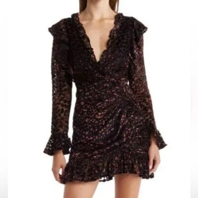Mini vestido ASOS Design envoltório com babado zíper costas abertas leopardo preto marrom tamanho 4 - Imagem 1 de 4