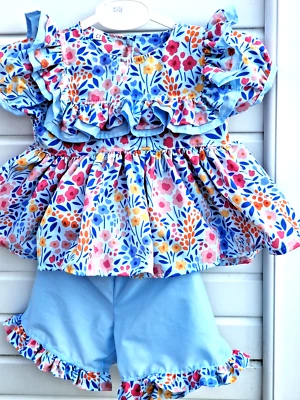 DREAM BABY WEAR UK DREAM 0-8 YEARS baby girls Retro vintage blue flowers ruffles long top & shorts