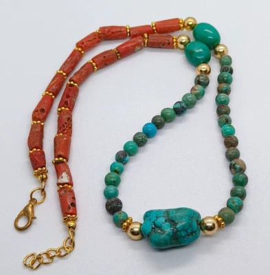 Wunderschöne Damen Halskette Türkis & Rote Koralle Perlen Anhänger Halskette ... - Bild 1 von 4