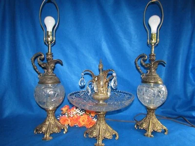 TIGELA CENTRAL DE CRISTAL PESADO VINTAGE L & L COM PRISMAS DE CRISTAL E LÂMPADAS EWER COMBINANDO  - Imagem 1 de 4