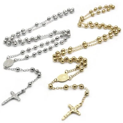 ROSENKRANZ EDELSTAHL HERRENKETTE KETTE DAMEN HERREN KREUZ JESUS PERLEN SILBER - Bild 1 von 2