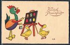 AB171 EASTER signed H.B. Humanized DUCK ROOSTER painting BLACKBOARD Fine LITHO