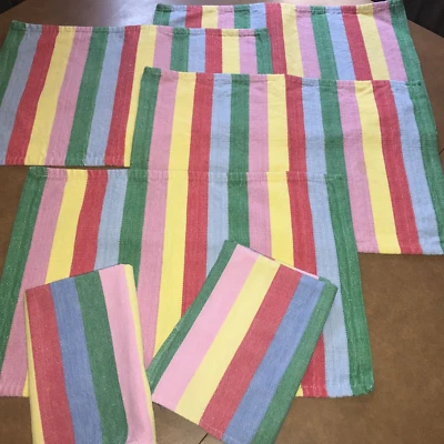 Tag Textiles Set of 4 Placemats 2 Napkins Vintage Striped Rainbow 100% Cotton - Image 1 of 4