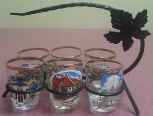 VINTAGE Germany Munchen Souvenir Shot Glass Set (6) w/ Wrought Iron Glass Holder - Picture 1 of 16