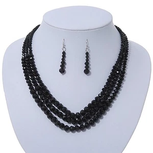 Conjunto de collar y aretes colgantes de cristal facetado multihilo negro azabache - Imagen 1 de 6