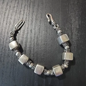 Vtg Sterling Silver 925 Alternating Cube & Ball Bead Bracelet 8" CHUNKY MCM - Picture 1 of 3