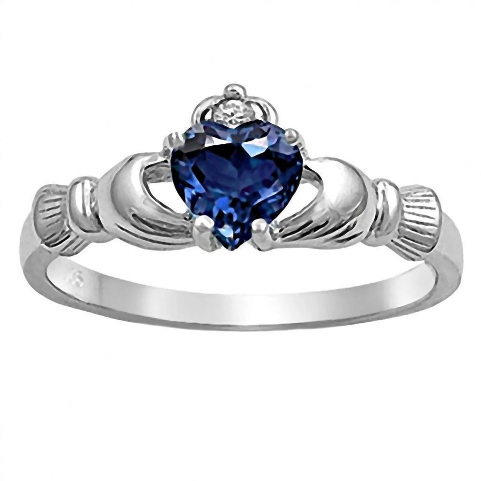 Sterling Silver 0.765ct Heart-cut Created Blue Sapphire Claddagh Ring, Corrine - Image 1 of 1