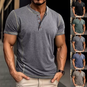 Mens Henley T-shirt Short Sleeve Plain Grandad Neck Tops Casual Summer Tee Shirt - Picture 1 of 30