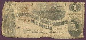 T-44 PF-3 CR-341 1862 Estados Confederados de América Billete de $1 No.84971 (60856) - Imagen 1 de 2