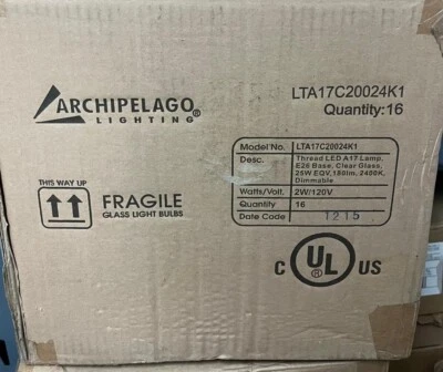 ARCHIPELAGO LTA17C20024K1 2W/120V THREAD LED A 17 LAMP E 26 BASE CLEAR GLASS - Image 1 of 3