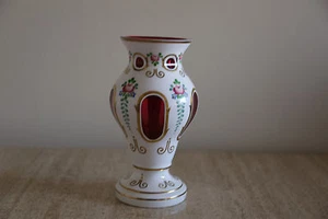 Victorian Czech Bohemian enameled  white overlay cut to cranberry vase (115) - Picture 1 of 3