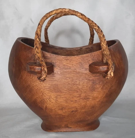 Unique Wooden Basket Bowl With Braided Handles. Hard Wood Hand Carved Cover